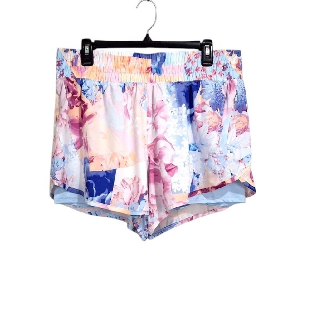 Avia Womens Athletic Shorts L Blue Pink Floral Lined Zipper Pocket Pastel Active
